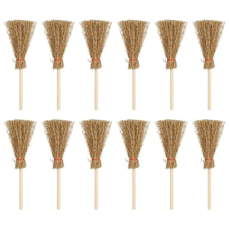 6/12 Pcs Mini Broom Witch Straw Brooms DIY Hanging Ornaments for Halloween Party Decoration Costume Props Dollhouse Accessories