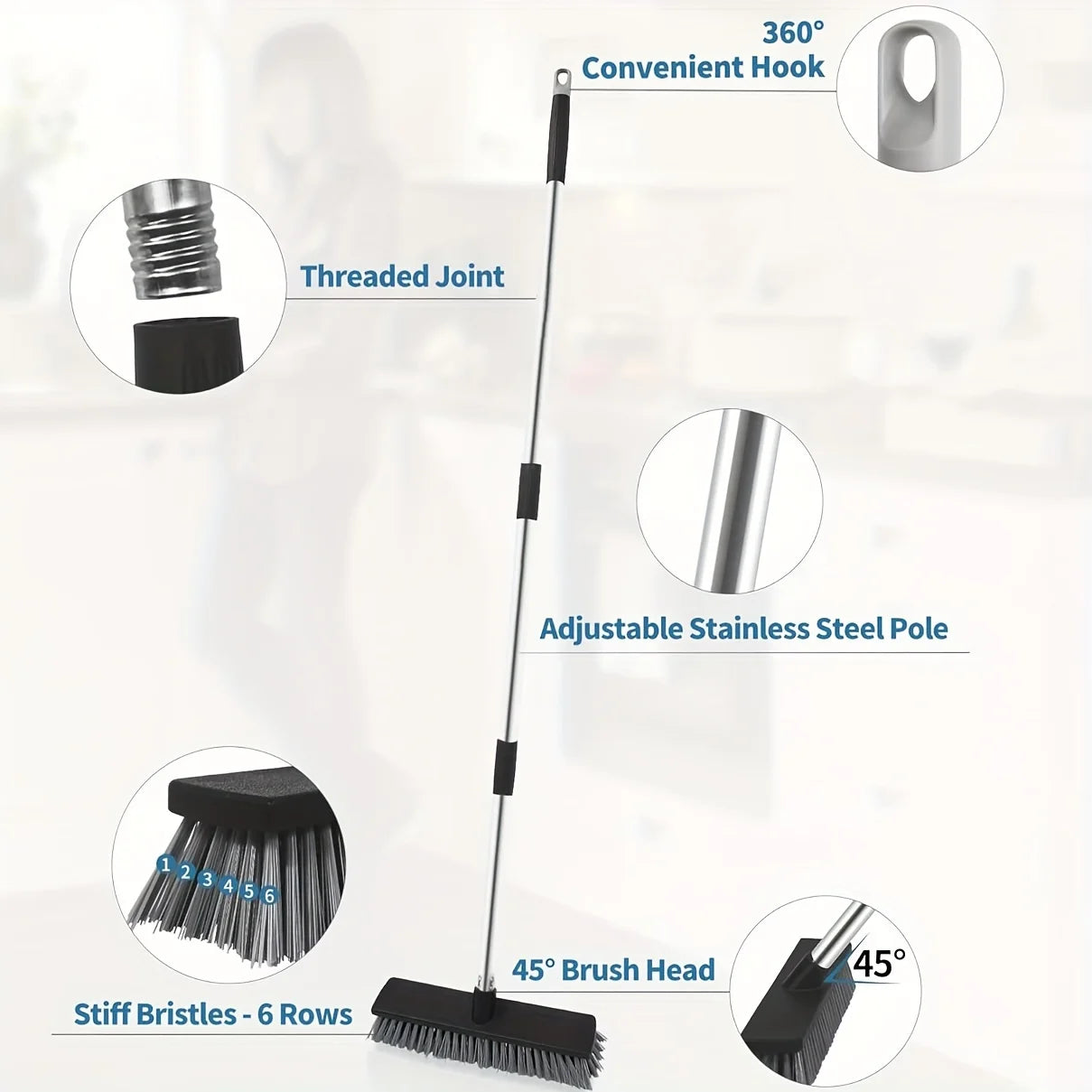 Large Hard Bristle Broom, Wooden Floor Washer, Adjustable Multi-Section Long Handle, Concrete Push Broom Outdoor Garage Broom