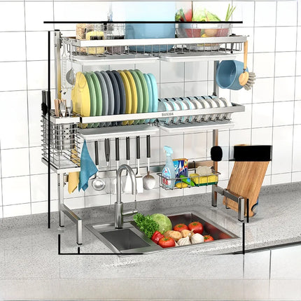 Égouttoir de cuisine en acier inoxydable 304 avec porte-assiettes de rangement multifonction pour évier de cuisine à poser sur le plan de travail
