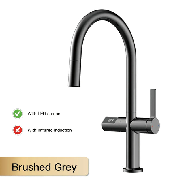 Robinet de cuisine de luxe en laiton gris anthracite, design à détection numérique LED, mitigeur monocommande, douchette extractible pour eau chaude et froide, robinet d'évier 2 fonctions