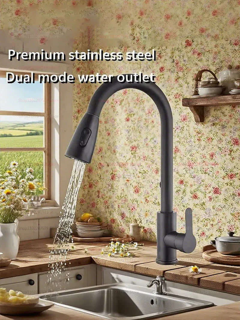 2025 New Stainless Steel Kitchen Faucet Pull Out Sink Mixer Tap with 360 Swivel Spray Head Single Hole Durable Easy Install