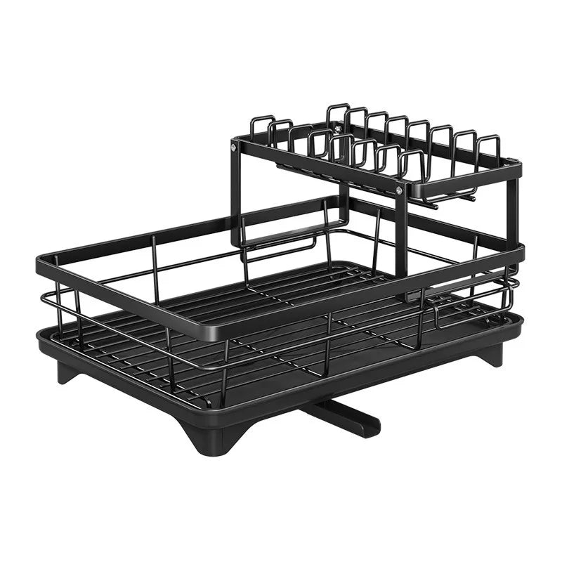 2-Tier Dishes Dryer Rack Metal Black Dish Drainer Large Kitchen Organizers and Storage Rack with Drainboard and Cutlery Holder