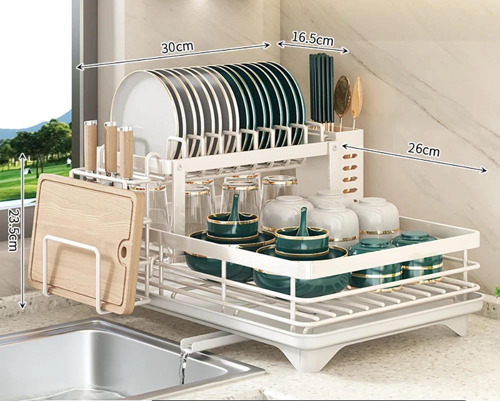 Dish Rack, Large Capacity Dish Drying Rack With Draining Board, Double Layer Detachable Dish Storage Organizer For Dishes, Cups