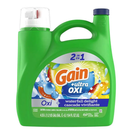 Gain Ultra OXI 2-in-1 Laundry Detergent Waterfall Delight Scent Concentrated Liquid HE Compatible Soothing Fragrance 154 fl oz
