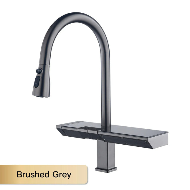 Robinet de cuisine AITANA en laiton chromé de luxe avec affichage numérique, douchette extractible et mitigeur 3 fonctions pour eau chaude et froide.