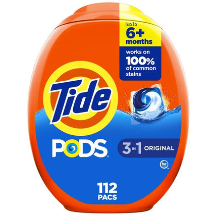 Tide Pods Laundry Detergent Packs Original 112 Count Powerful 3-in-1 Cleaning Stain Fighting Fresh Scent Cold Water Compatible.