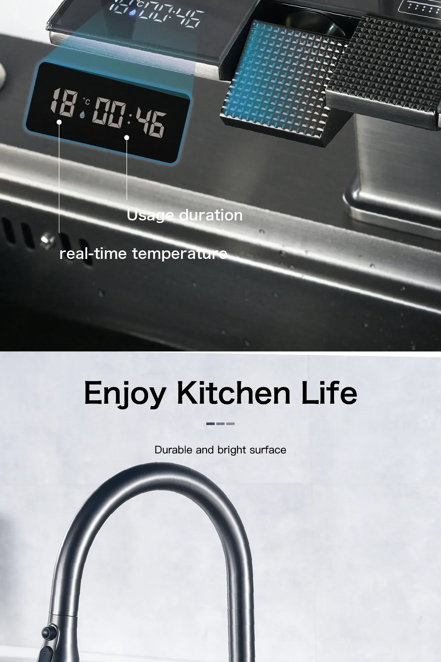 AITANA Luxury Chrome Brass Kitchen Faucet with Digital Display Design, Hot and Cold Water Pull out 3-Function Sink Mixer