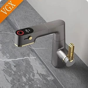 Robinet de salle de bain multifonctionnel VGX, mitigeur de lavabo extractible, robinet de lavabo avec indicateur de température LED, rotation à 360°, robinetterie Crane en laiton blanc
