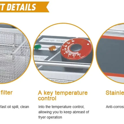 6L 1.5KW Commercial Electric Deep Fryer - Fast Heating, Stainless Steel, Easy Clean, 3-Tier Basket, for Fast Food Restaurant