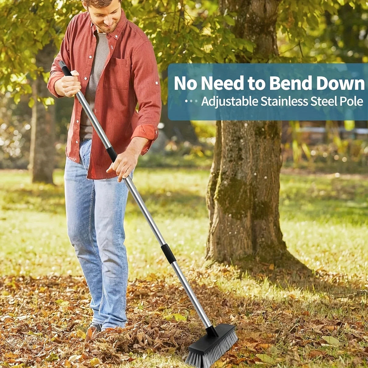 Large Hard Bristle Broom, Wooden Floor Washer, Adjustable Multi-Section Long Handle, Concrete Push Broom Outdoor Garage Broom