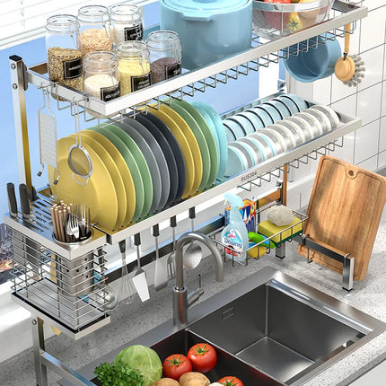 Égouttoir de cuisine en acier inoxydable 304 avec porte-assiettes de rangement multifonction pour évier de cuisine à poser sur le plan de travail