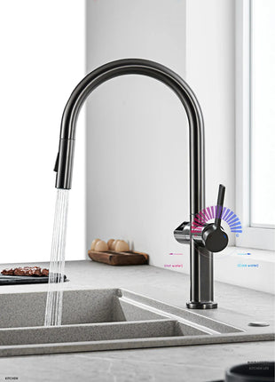 Luxury brass gun gray kitchen faucet LED digital sensing design single handle hot & cold water pull-out type 2-function sink Tap