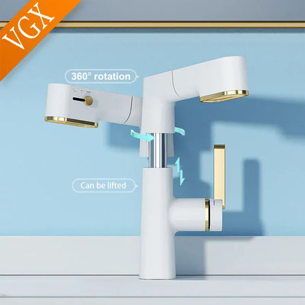 Robinet de salle de bain multifonctionnel VGX, mitigeur de lavabo extractible, robinet de lavabo avec indicateur de température LED, rotation à 360°, robinetterie Crane en laiton blanc