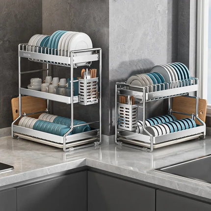 Égouttoir à vaisselle en acier inoxydable pour le rangement et l'organisation de la cuisine. Ce support est idéal pour la vaisselle, les ustensiles de cuisine et les tables.