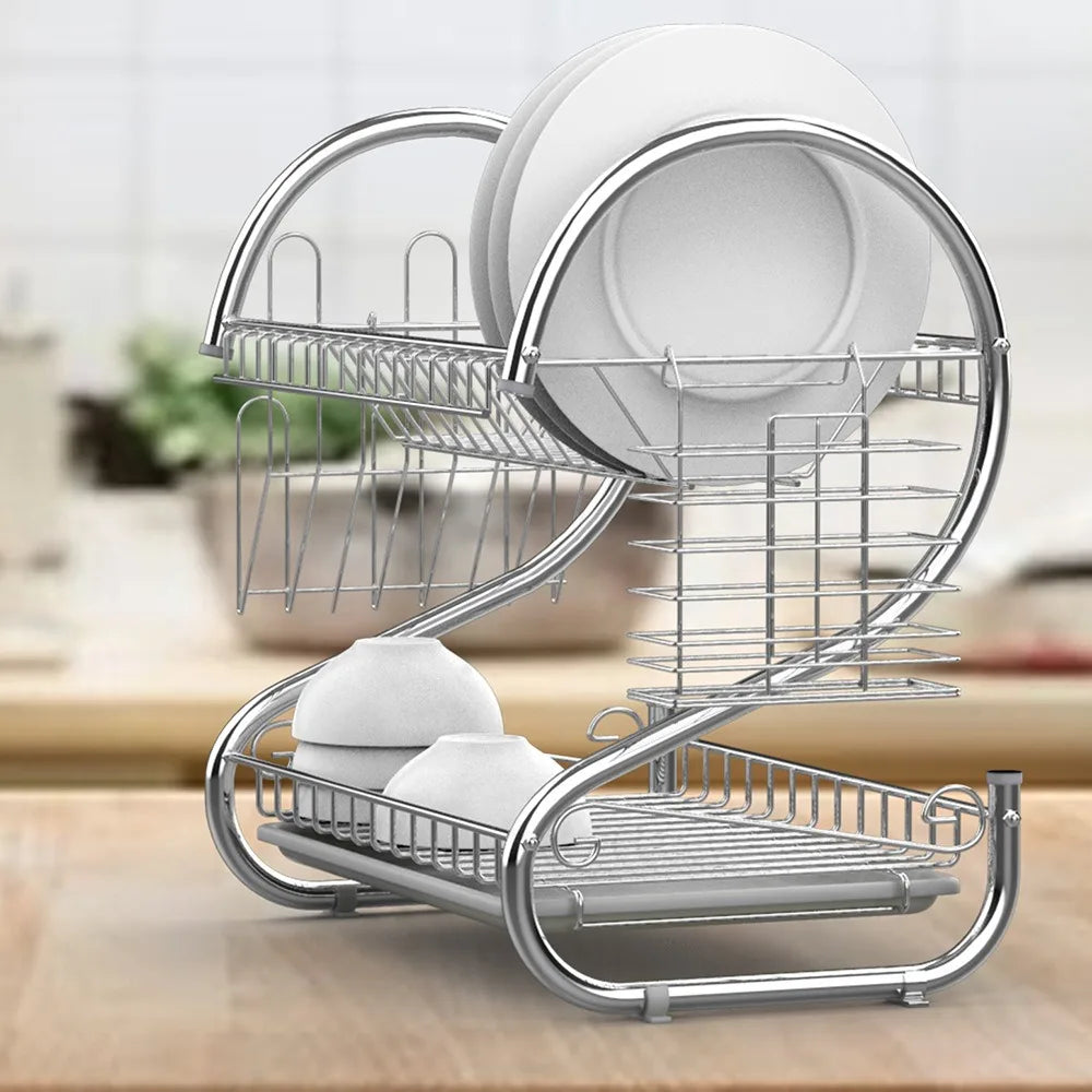 Kitchen Cutlery Organizer 2 Tier S-Shaped Dish Drainer Stable Space-saving Tableware Holder Shelf Metal Cup Drainer Chopsticks