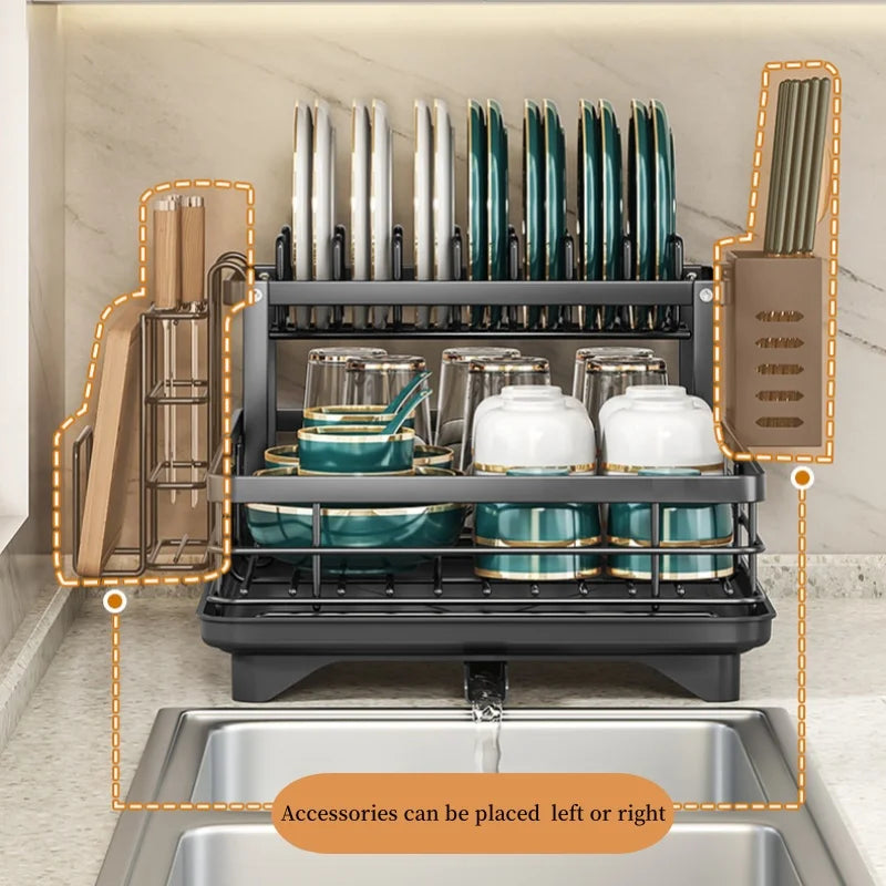 2-Tier Dishes Dryer Rack Metal Black Dish Drainer Large Kitchen Organizers and Storage Rack with Drainboard and Cutlery Holder