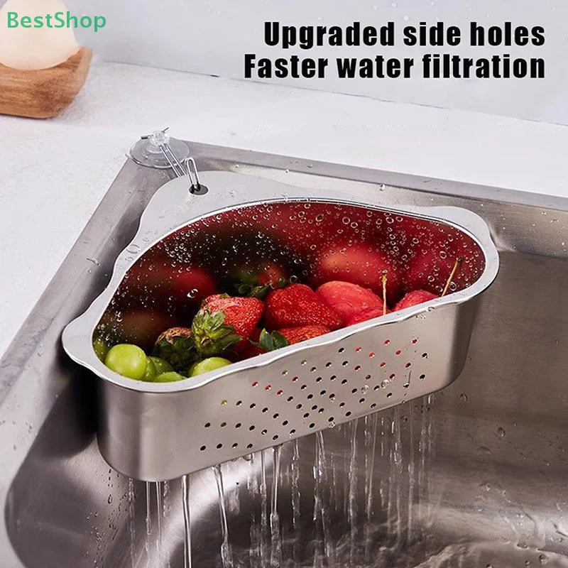 💕Stainless Steel Kitchen Sink Triangular Drainer Basket, Vegetable Washing Basin Water Filter Storage Rack