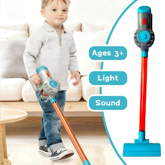 Kids 3-in-1 Toy Vacuum Cleaner – Light & Sound Stick/Handheld, Detachable Debris Bin, Cyclone Beads, 2 Attachments, Role-Play Ho