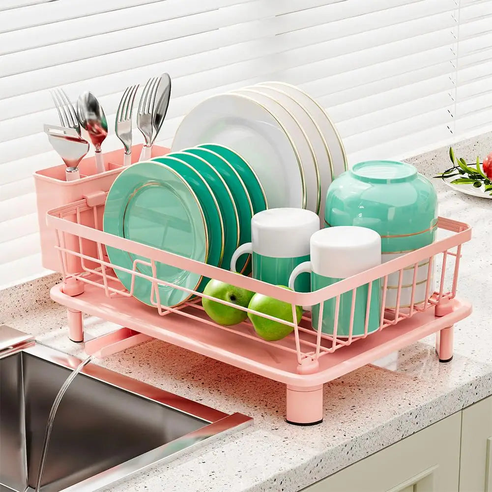Pink Drain Rack Large Dish Drying Rack For Kitchen Counter With Drainboard, Rustproof Dish Drainer Space-Saving Dish Rack