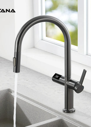 Luxury brass gun gray kitchen faucet LED digital sensing design single handle hot & cold water pull-out type 2-function sink Tap