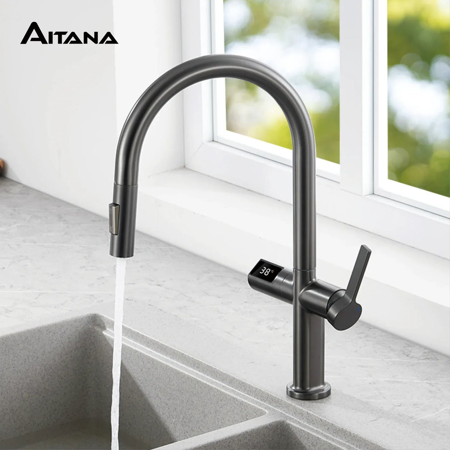 Luxury brass gun gray kitchen faucet LED digital sensing design single handle hot & cold water pull-out type 2-function sink Tap