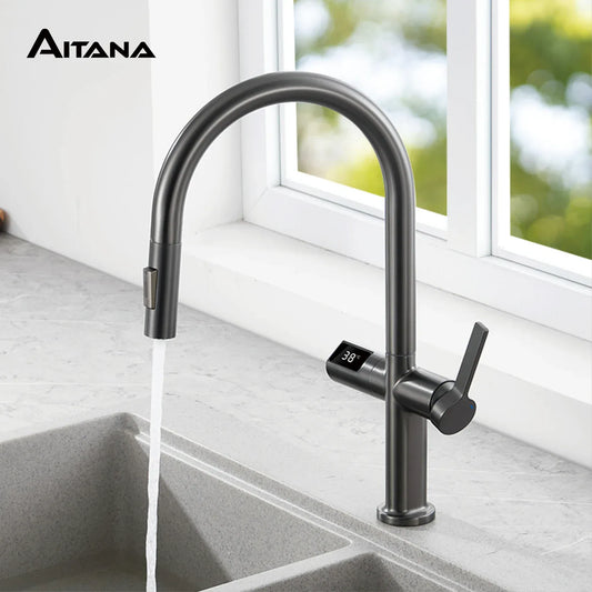 Luxury brass gun gray kitchen faucet LED digital sensing design single handle hot & cold water pull-out type 2-function sink Tap