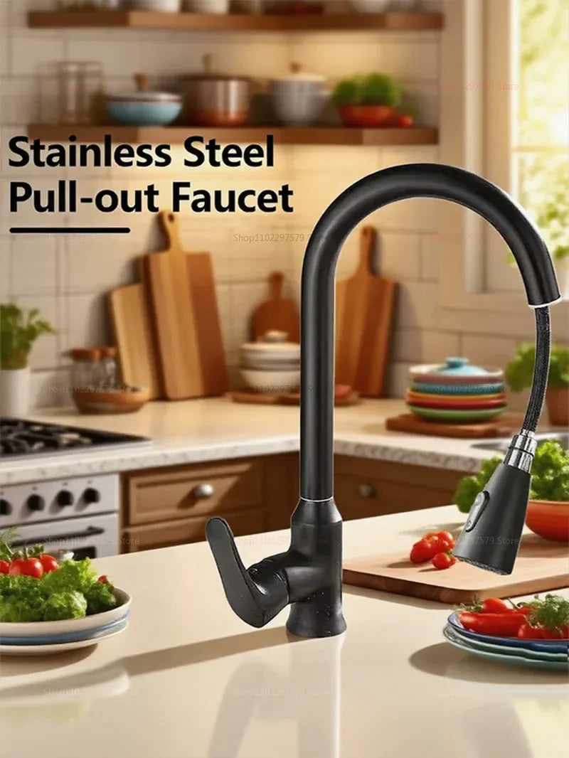 2025 New Stainless Steel Kitchen Faucet Pull Out Sink Mixer Tap with 360 Swivel Spray Head Single Hole Durable Easy Install