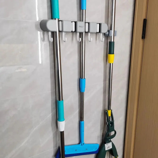 Broom Mop Holder with Hooks Wall Mounted Broom Storage Rack No Drilling Self-Adhesive Kitchens Organizer Multifunction Holder