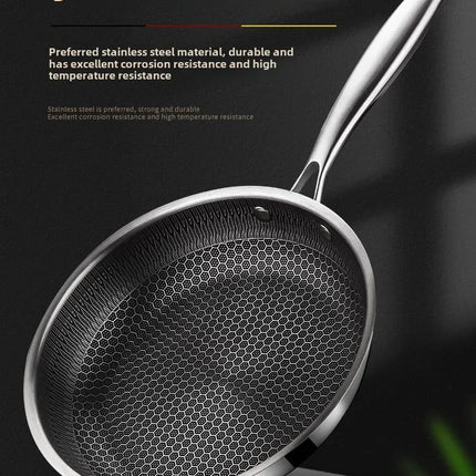 Poêle à frire en acier inoxydable antiadhésif, sans revêtement alvéolé, pour la cuisson des crêpes et autres préparations culinaires (gaz, induction, etc.).