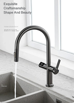 Luxury brass gun gray kitchen faucet LED digital sensing design single handle hot & cold water pull-out type 2-function sink Tap