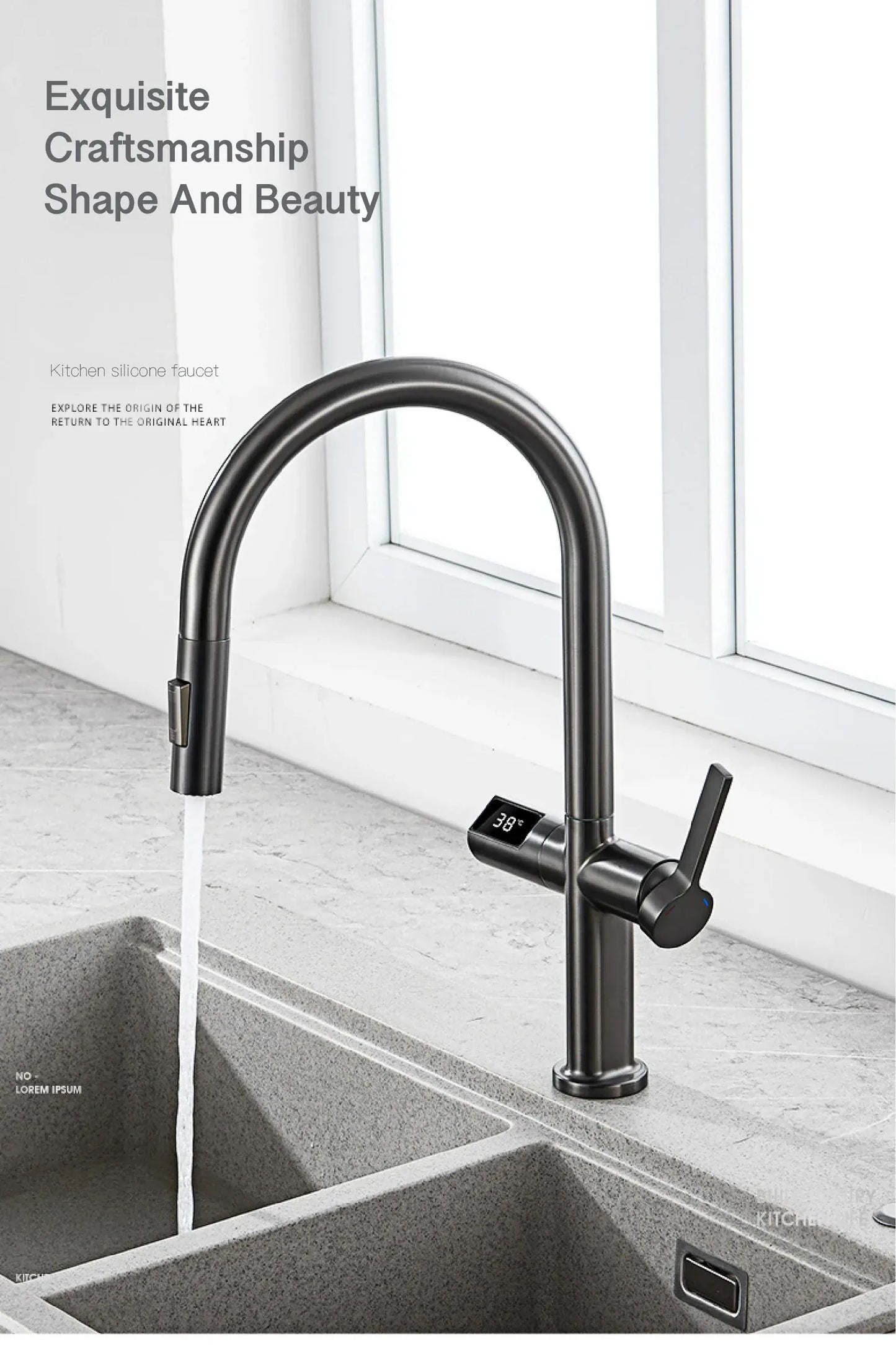 Luxury brass gun gray kitchen faucet LED digital sensing design single handle hot & cold water pull-out type 2-function sink Tap