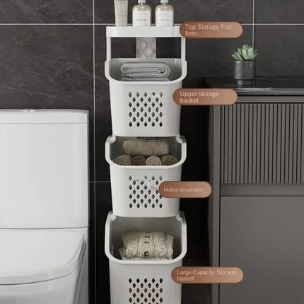 Laundry Storage Rack Basket Multilayer Dirty Clothes Storage Basket With Wheel Large Capacity Household Bathroom Shelf Organizer - E-menage