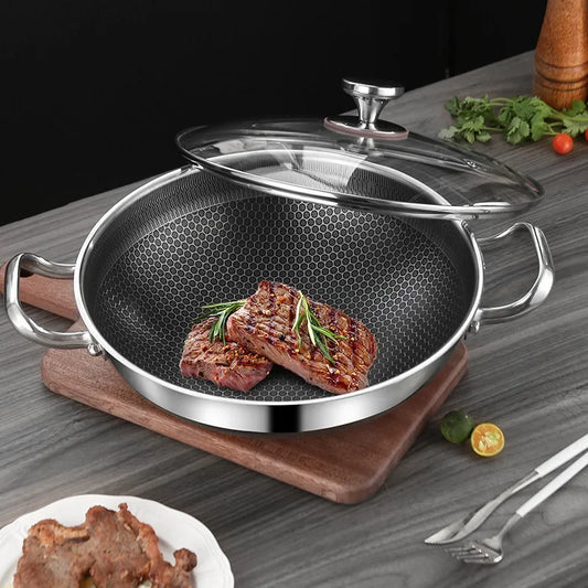 Double sided frying pan, frying pan, non stick, multi-purpose pan, low oil fume, flat bottomed pan, induction cooker, gas stove
