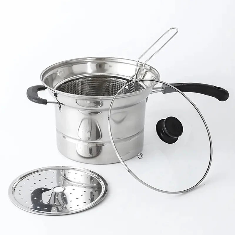 Stainless Steel Fryer Pot With Strainer Basket And Handle Portable Multi-functional Deep Frying Pot For French Fries Seafood