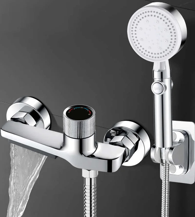 Waterfall Bathtub Faucet Set Handheld Shower Head Wall Mounted Brass Bathroom Tub Filler Waterfall Spout Hot and Cold Mixer Tap