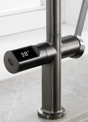 Luxury brass gun gray kitchen faucet LED digital sensing design single handle hot & cold water pull-out type 2-function sink Tap