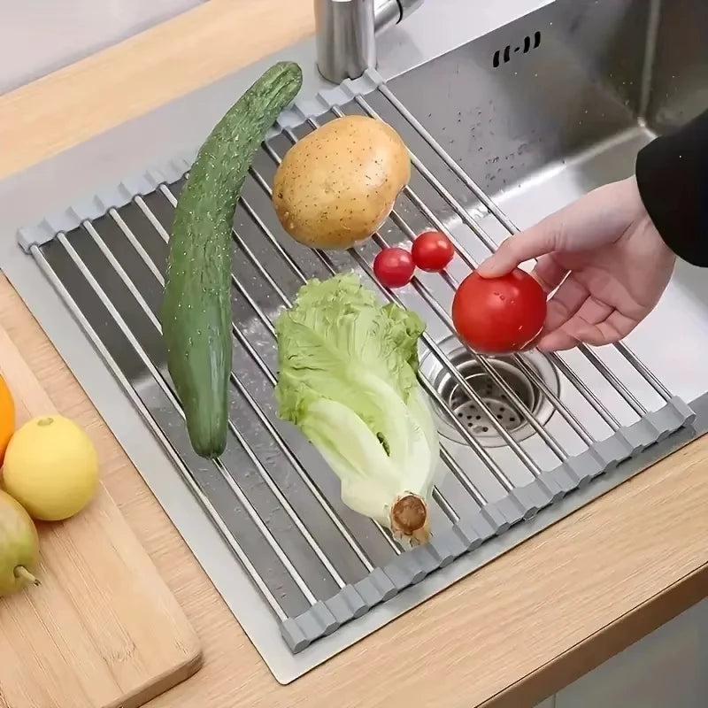 Kitchen Sink Drain Rack Stainless Steel Extendable Dish Drying Rack Drain basket Fruit Vegetable Washing Drainer Storage rack