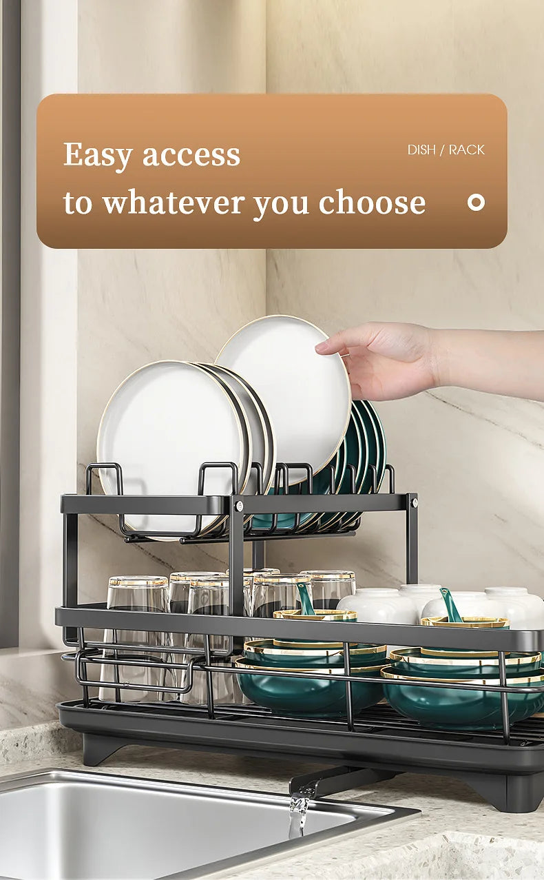 2-Tier Dishes Dryer Rack Metal Black Dish Drainer Large Kitchen Organizers and Storage Rack with Drainboard and Cutlery Holder