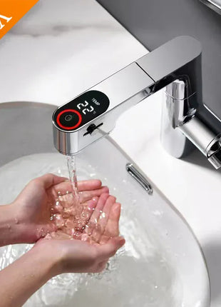 VGX Multifunctional Bathroom Faucets Pull Out Basin Mixer Sink Faucet Gourmet LED Temperature Tap 360° Tapware Crane Brass White