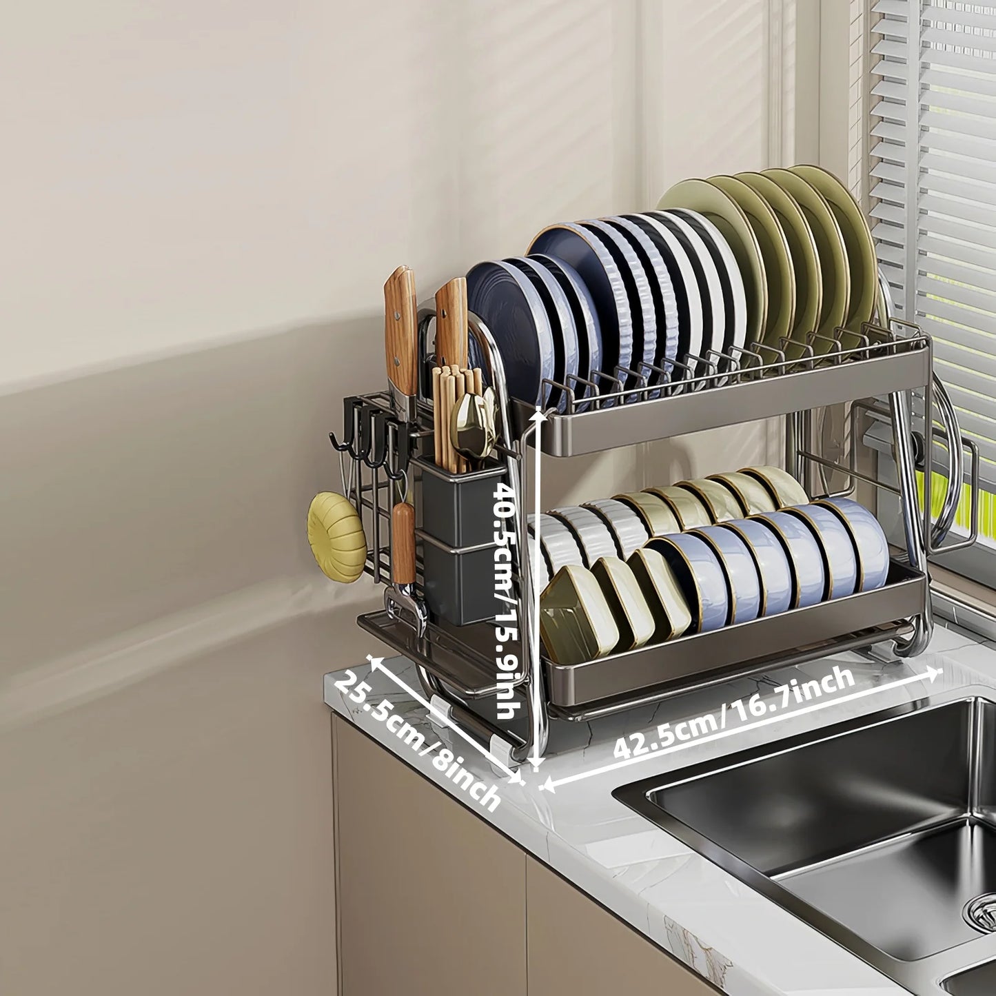 Dish rack, Stainless steel dish drainer, Multi-functional 2-tier dish drying rack with draining tray, utensil holder, hooks