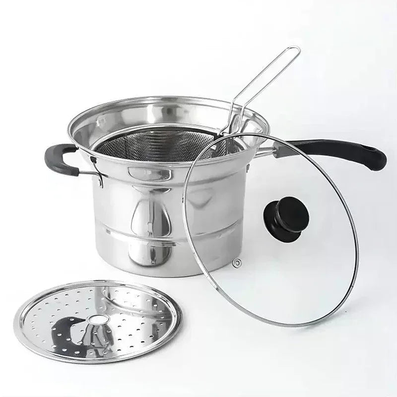 Stainless Steel Fryer Pot With Strainer Basket And Handle Portable Multi-functional Deep Frying Pot For French Fries Seafood