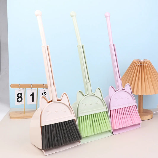 Cartoon-Style Toddler Broom Dustpan, Flexible Bristles Kids Playset, Pretend Play Indoor Outdoor Sweeping Kit