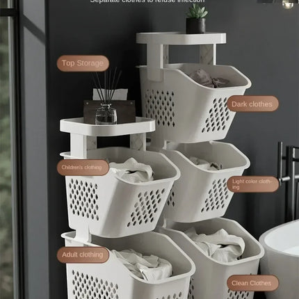 Laundry Storage Rack Basket Multilayer Dirty Clothes Storage Basket With Wheel Large Capacity Household Bathroom Shelf Organizer - E-menage