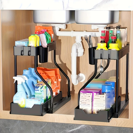 2-Tier Sliding Under-Sink Organizer – With Hooks | Large Capacity & Space Saving