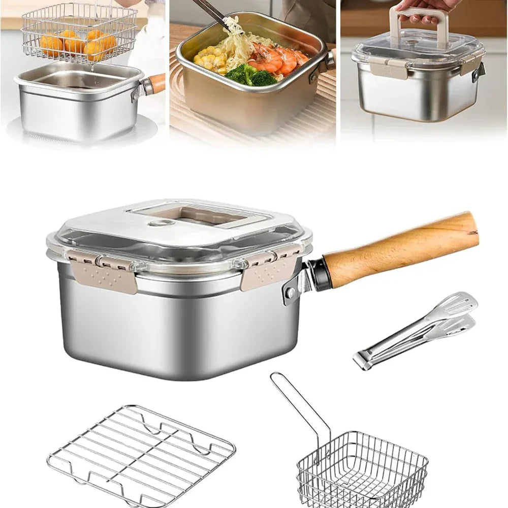 MultiFunction Frying Cooker Set Portable Stainless Steel Deep Fryer Pot with Basket Tongs Oil Drip Rack Household Frying Pan Set