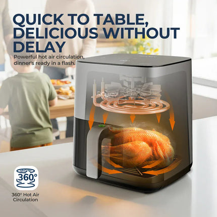 Friteuse à air chaud 5 L, four électrique sans huile avec commandes tactiles, panier antiadhésif et hublot, format familial