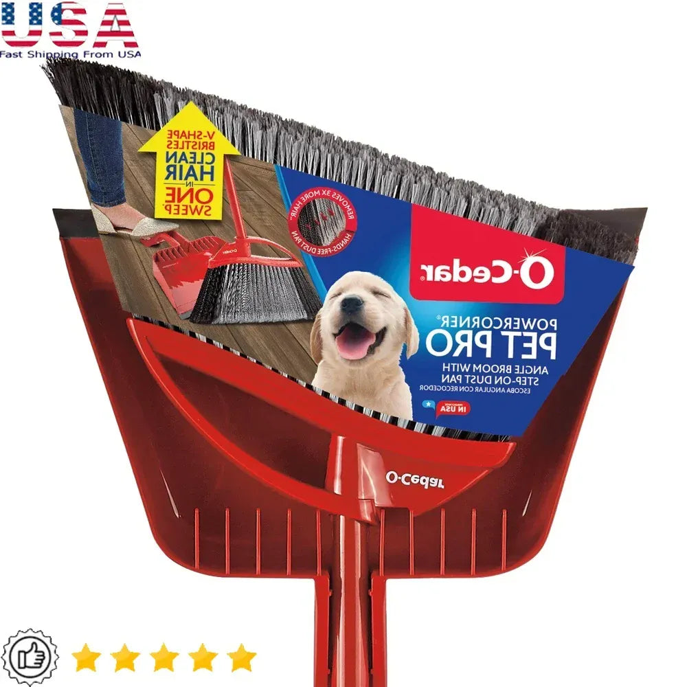 Pet Pro Power Corner Broom with Step On Dust Pan Pet Hair Cleaning Anti-Static Combs Hands-Free Dust Pickup Dual Bristle