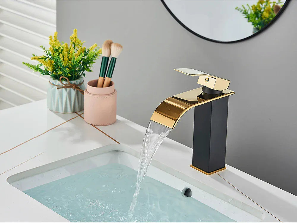 Brushed Golden Basin Faucets Elegant Waterfall Bathroom Sink Faucet Single Lever Hole Deck Mount Brass  Mixer Taps