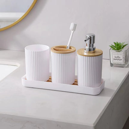Distributeur de savon, brosse à dents, porte-coton-tige et plateau - E-menage