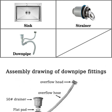 Évier de cuisine rectangulaire DQOK en acier inoxydable avec bac à vaisselle, panier d'égouttage et tuyau de vidange.